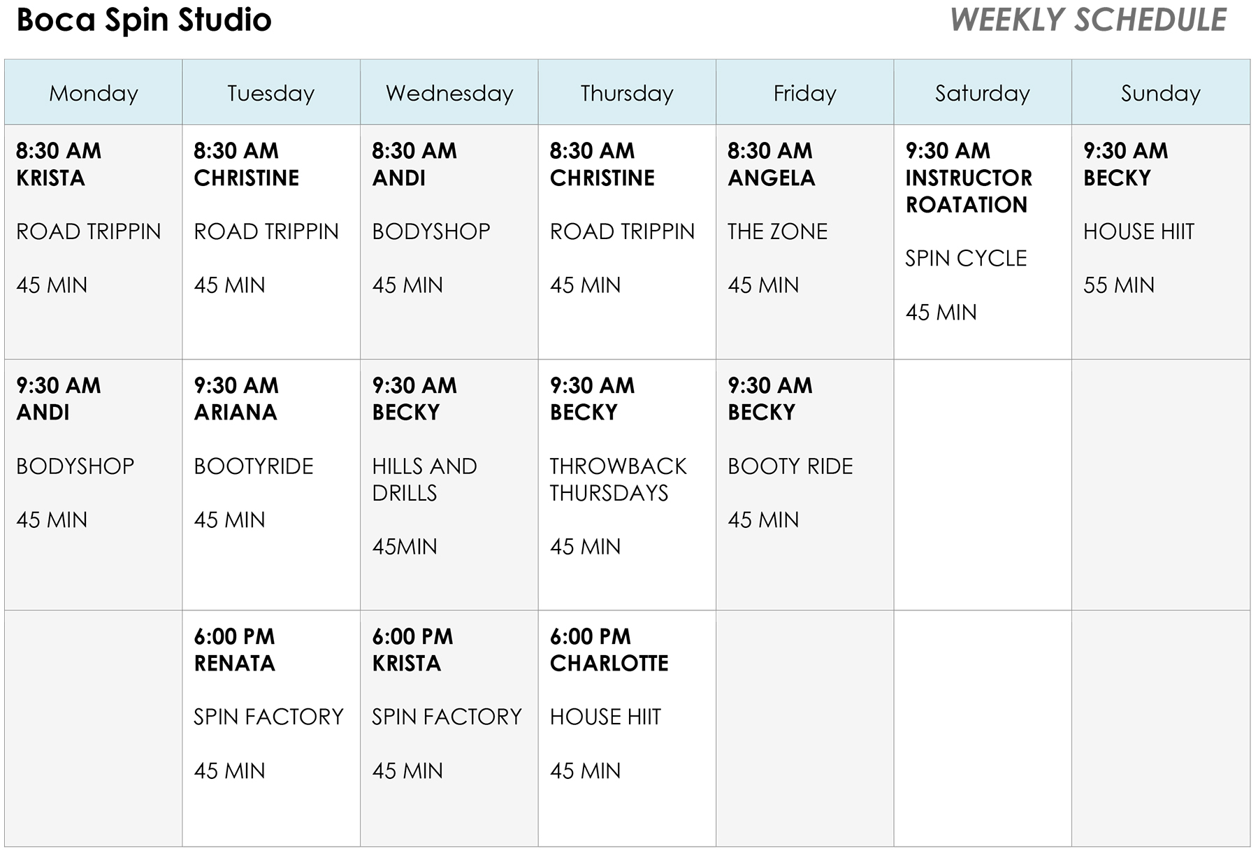 Boca Spin Studio Class Schedule - June 2024